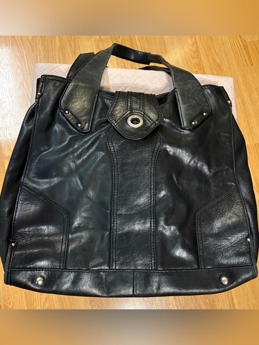 Perlina Black Leather Tote Bag with Top Handles